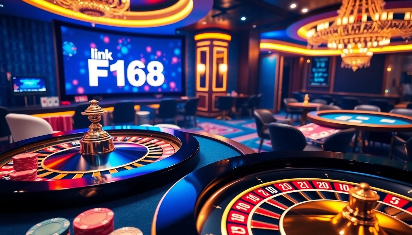Engaging scene depicting high-stakes gambling at F168 with colorful chips, poker cards, and a roulette table.