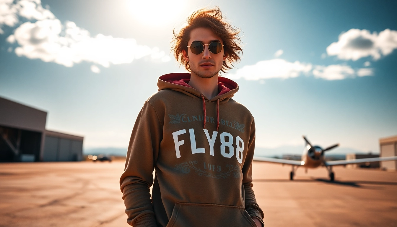 FLY88 aviation-inspired apparel showcased in a sunny outdoor airport setting.