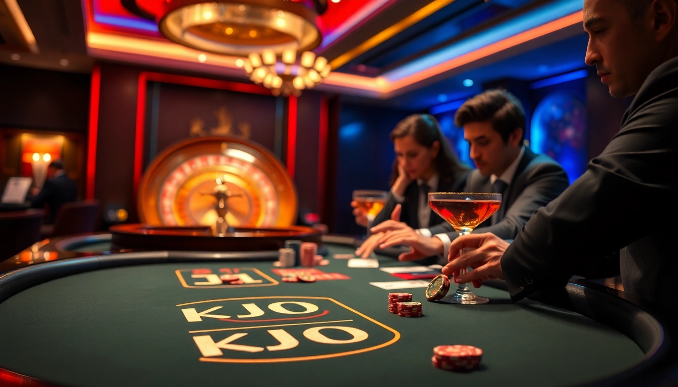 KJC poker table with players engaged in high-stakes action at a luxurious casino.