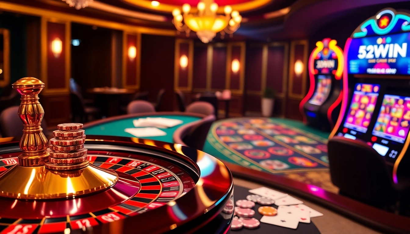 Experience the thrill of 52WIN at an elegant casino with vibrant roulette and exciting slot machines.