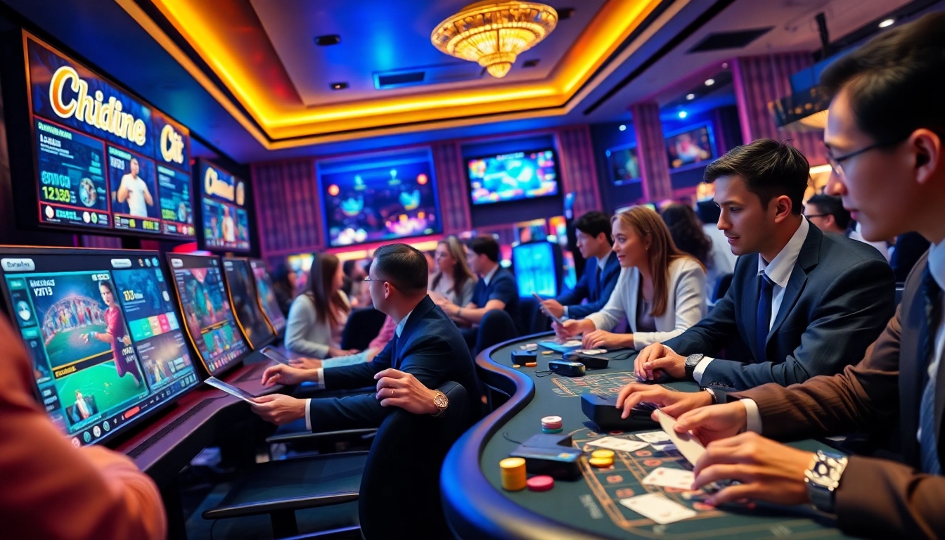 Experience the excitement of online gaming with LC88 Link in a vibrant digital casino setting, showcasing diverse players and modern technology.