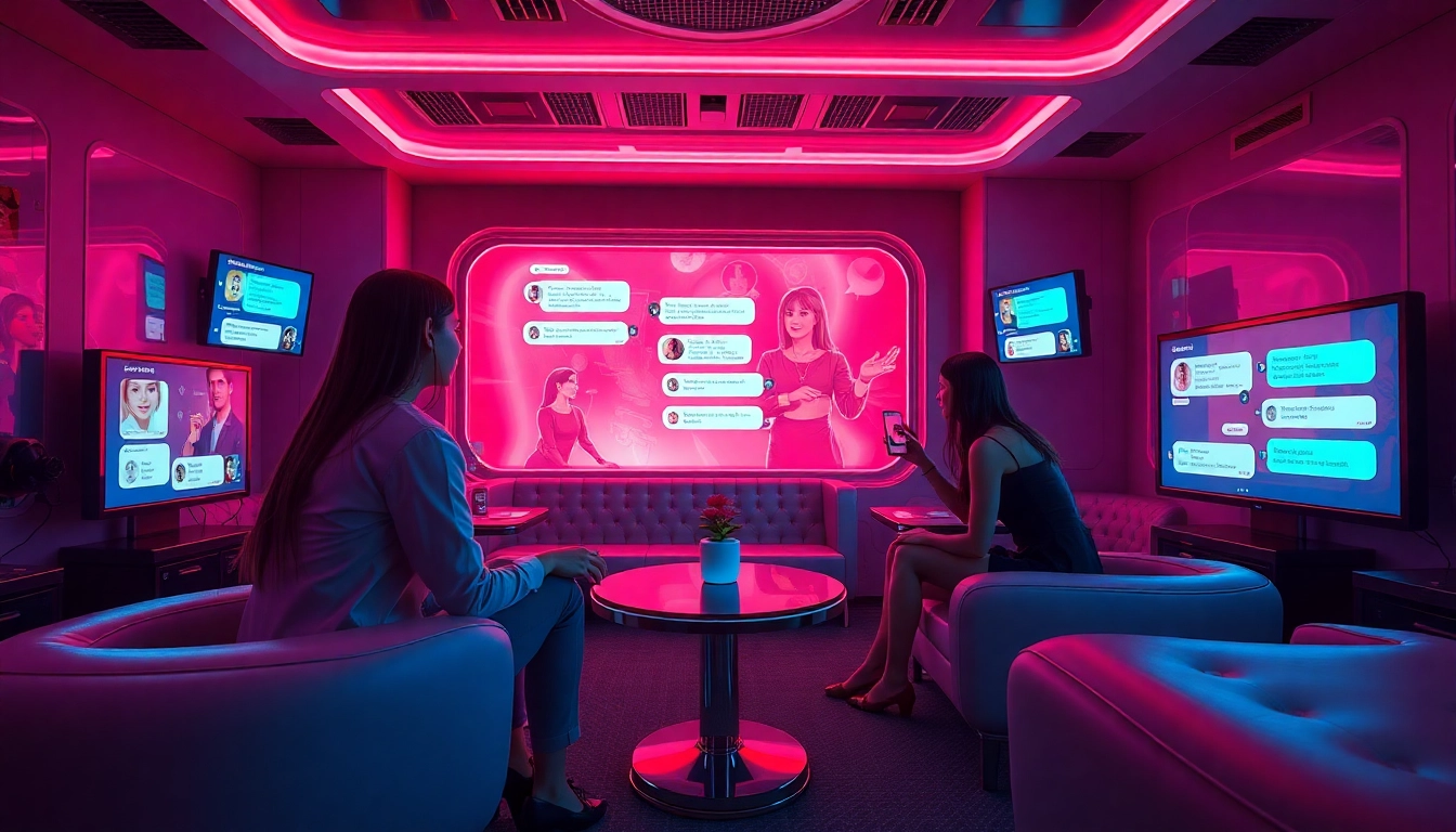 Engaging scene of users enjoying intimate ai sex chat with lifelike chatbots in a vibrant digital lounge.