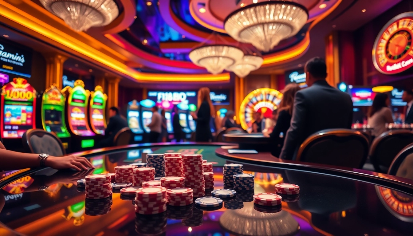 Experience thrilling gaming at f168biz.com with vibrant casino visuals showcasing poker chips and slot machines.