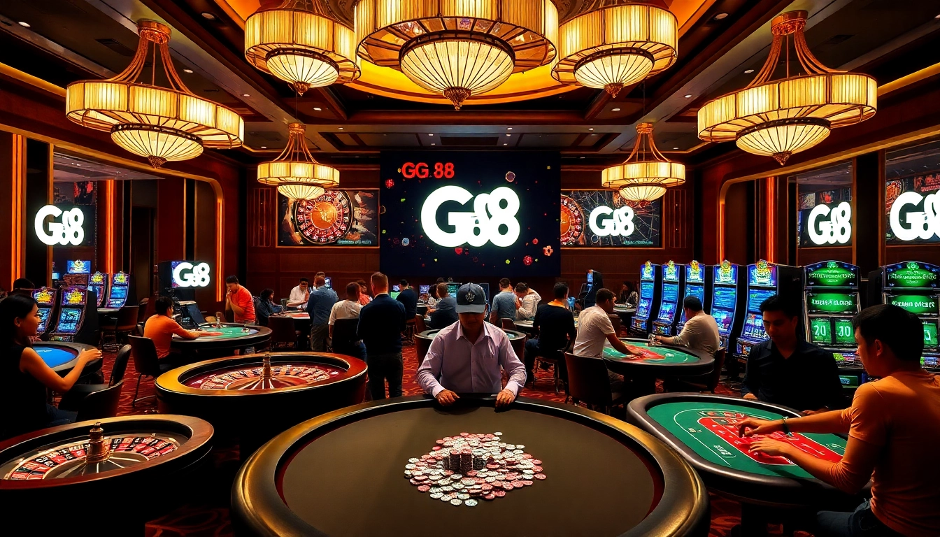 Experience the excitement of GG 88 as players engage at lively casino tables featuring poker, roulette, and slots.