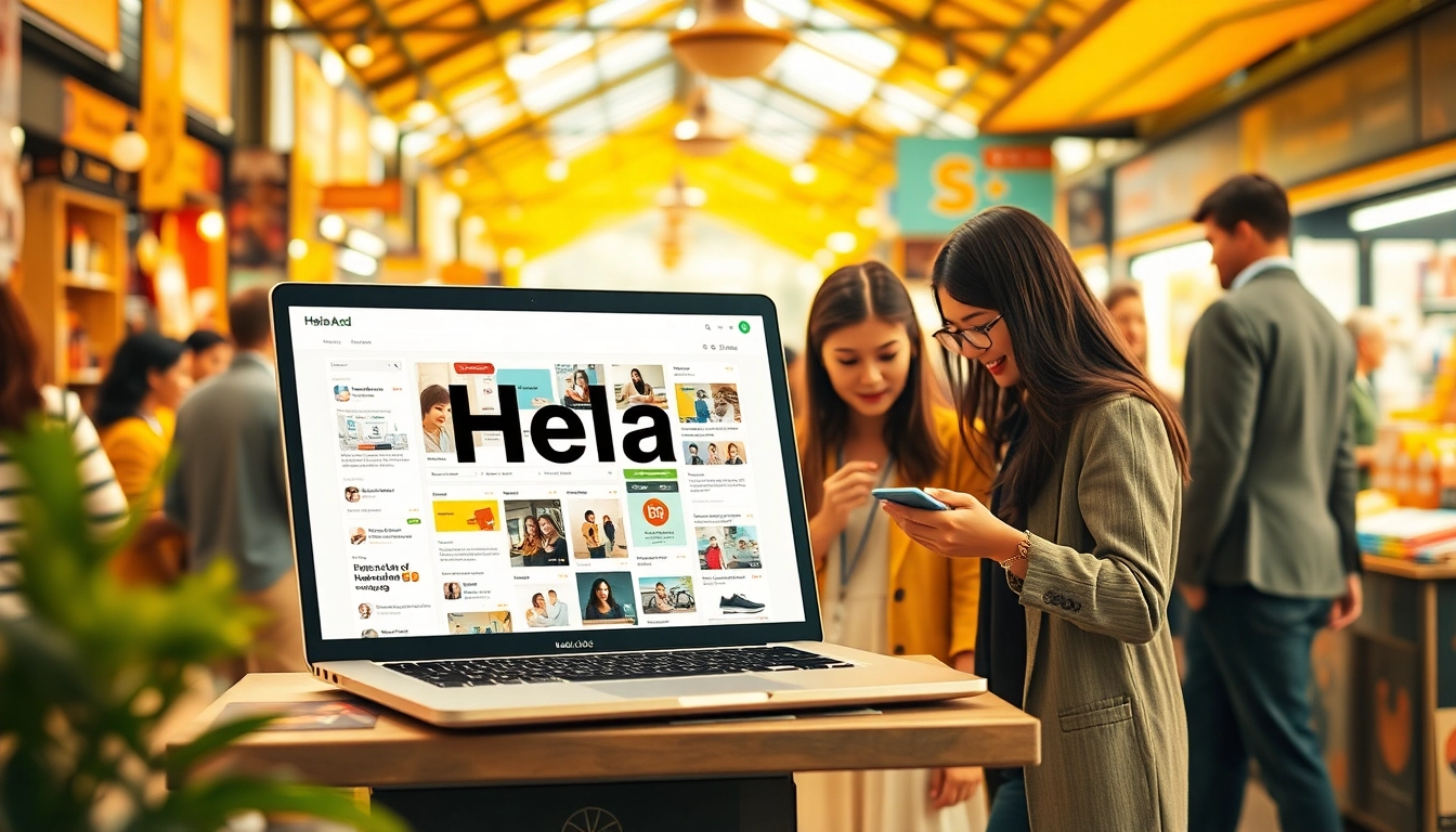 Hela Add showcased on a laptop in a vibrant market atmosphere, highlighting digital classifieds.