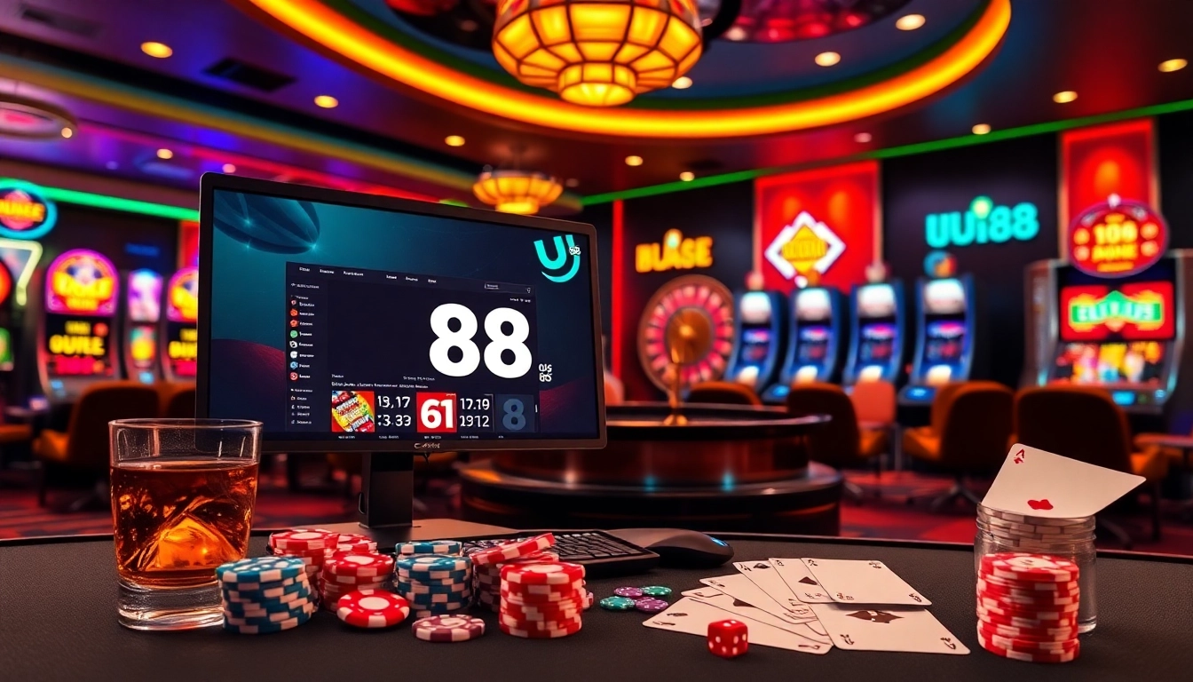 Engage in thrilling gameplay at UU88 online casino with poker chips, cards, and a roulette wheel.