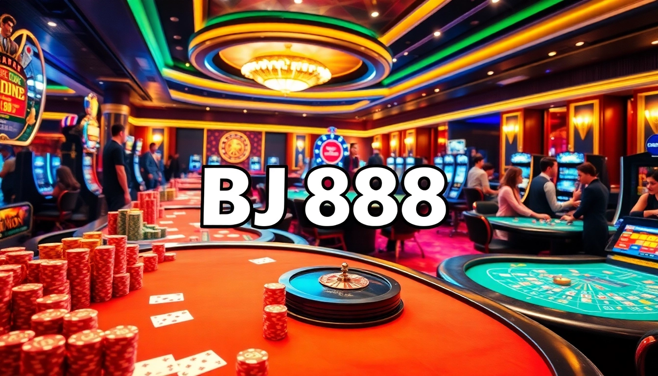 Exciting casino scene featuring BJ 888 gaming tables, vibrant poker chips, and slot machines.