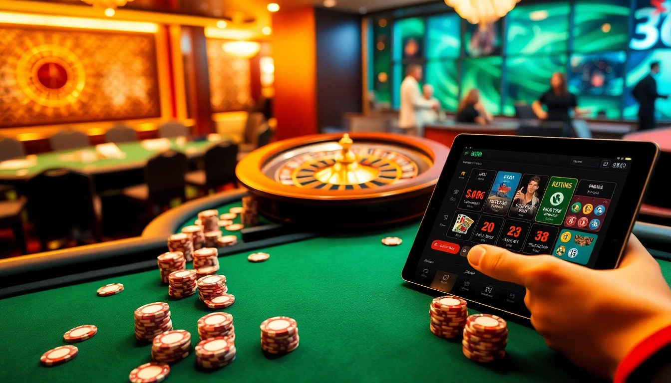 Players enjoying a thrilling poker game at 888b com casino with vibrant chips and a roulette wheel.