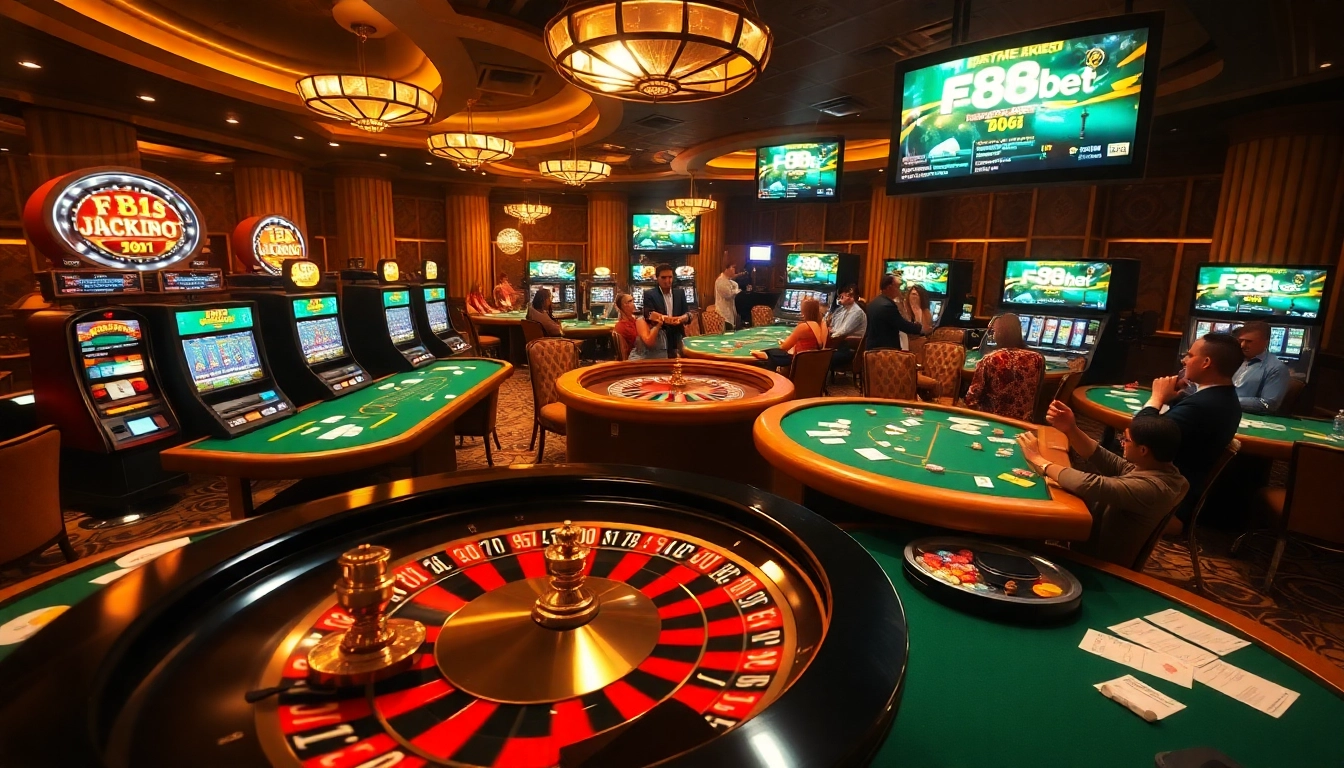 Players celebrating a win at F8bet's luxurious casino with roulette, slots, and poker tables.