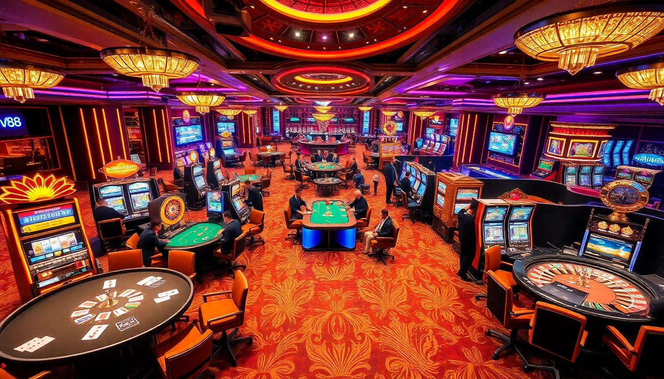 Players enjoying thrilling games at tv88's vibrant casino, surrounded by classic roulette and poker tables.