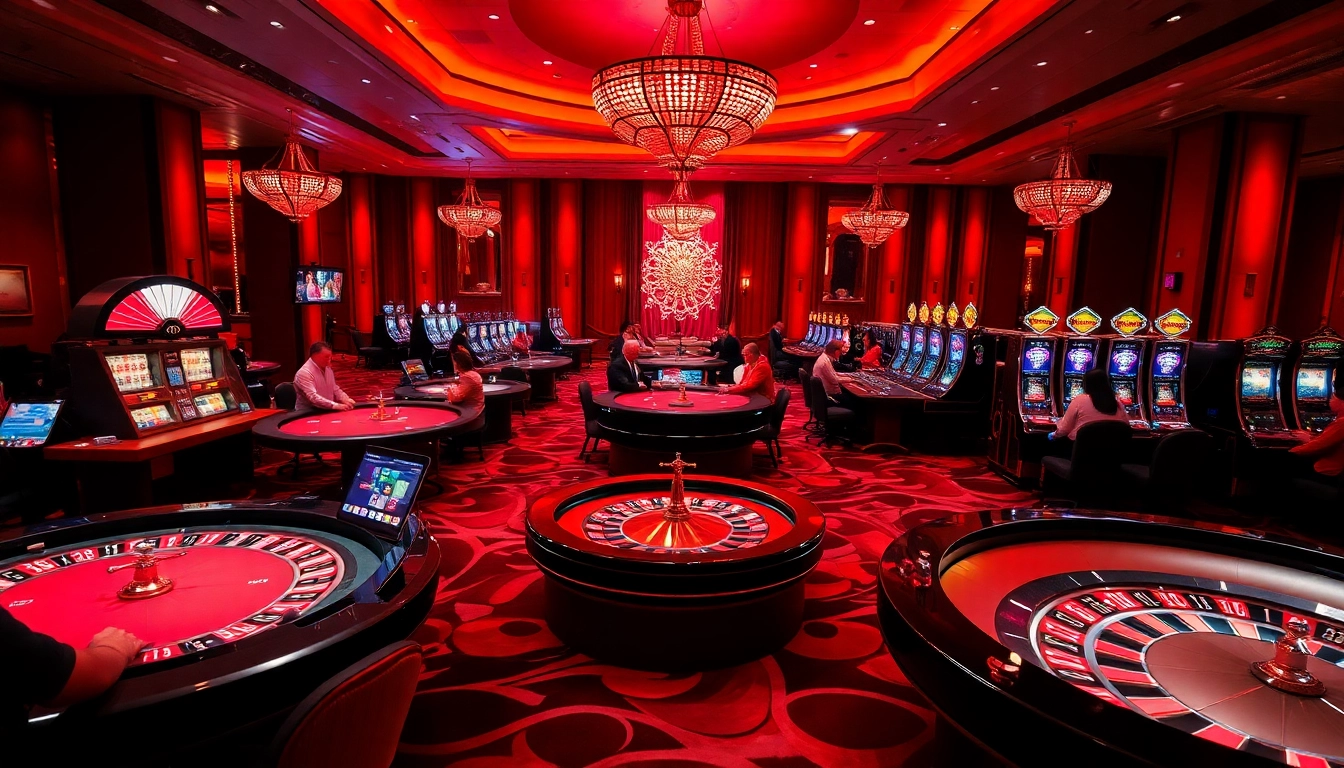 High-stakes gaming at mb66-t.com casino, featuring roulette and poker tables in a vibrant setting.