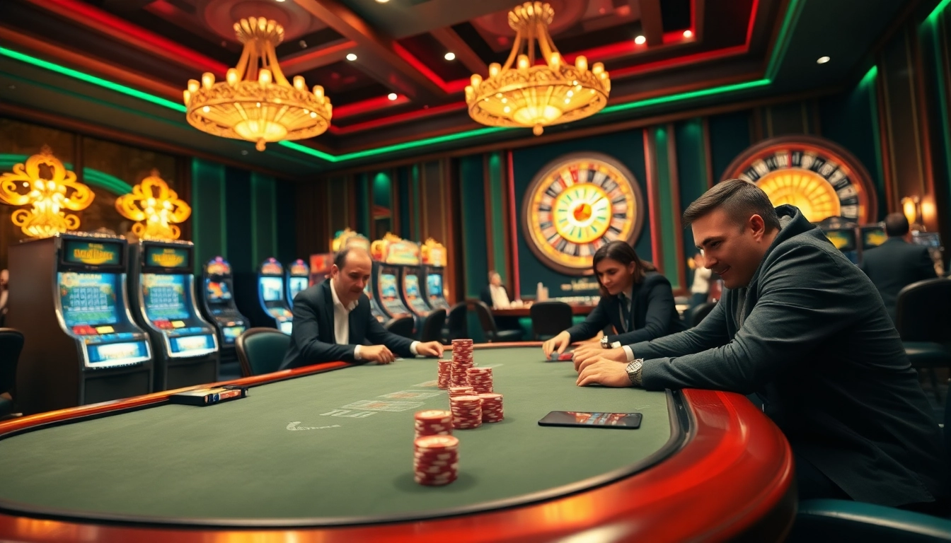 Players engaging intensely in a poker game at https://king88.limited/ casino, surrounded by vibrant slot machines.