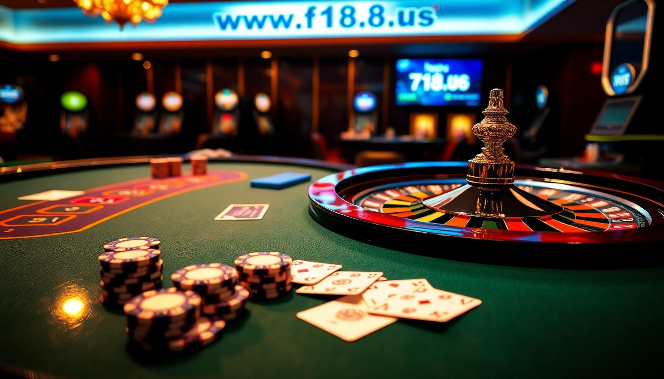 Experience excitement at https://f168.us/ with vibrant casino visuals of poker and roulette.