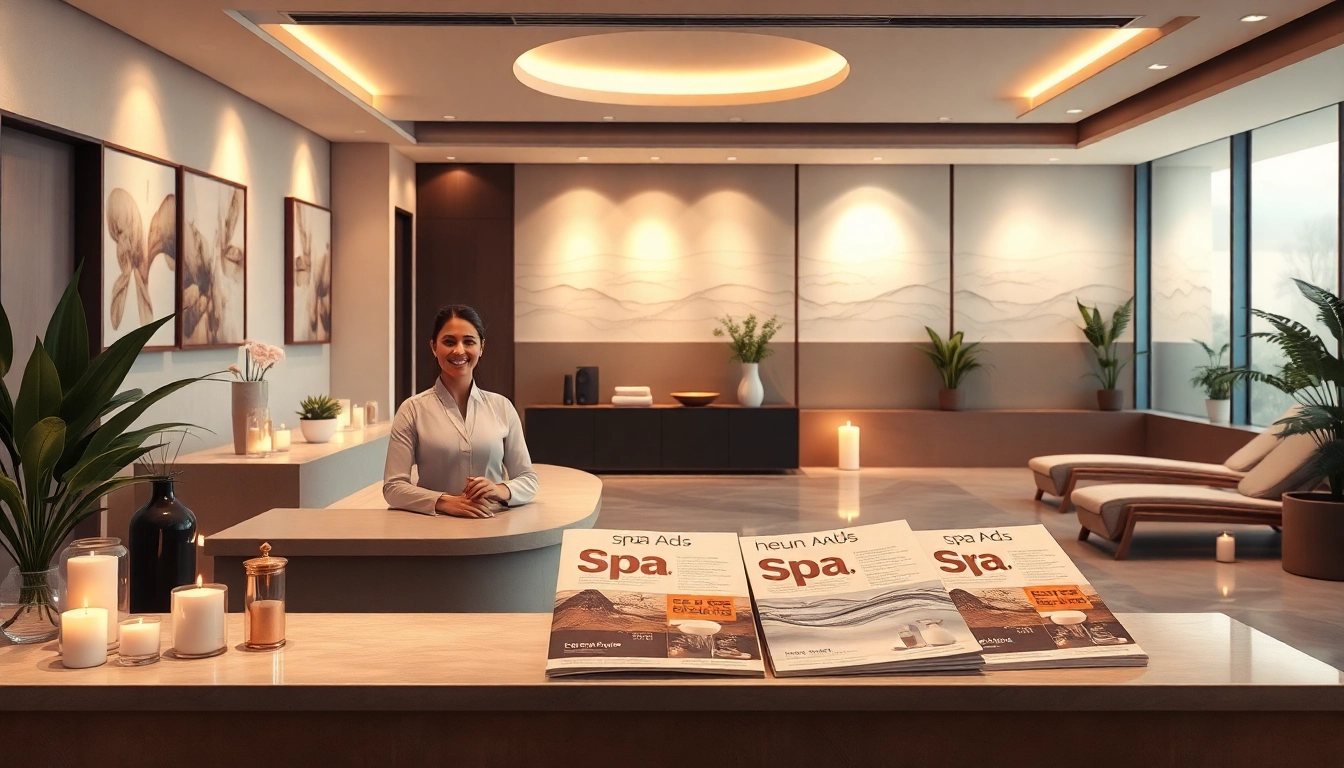 Spa Ads showcasing a calming, luxurious environment with warm tones, inviting decor, and a friendly receptionist.