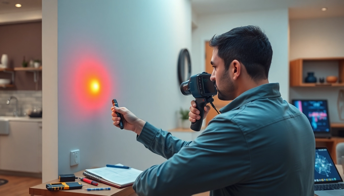 Technician performing underground leak detection using thermal imaging in a residential home.