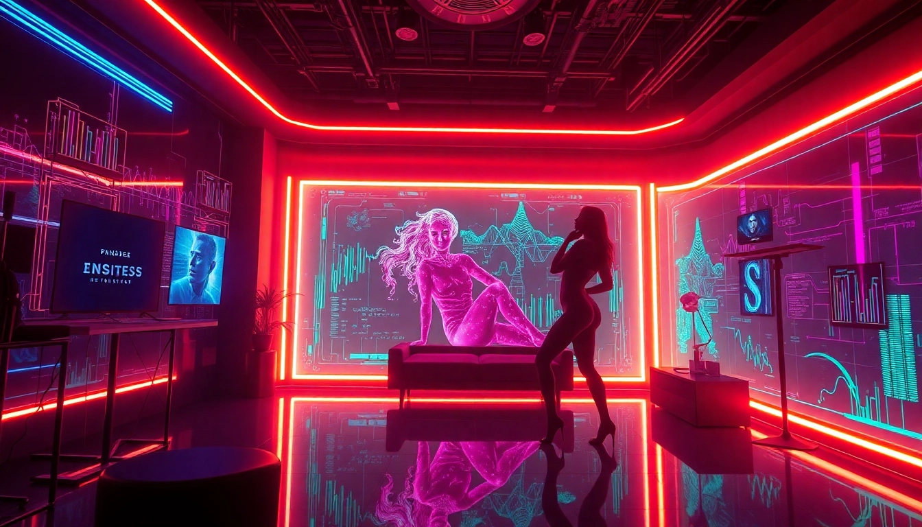 Provocative scene depicting AI-generated adult content creation, showcasing technology and sensuality in the realm of porn ai.
