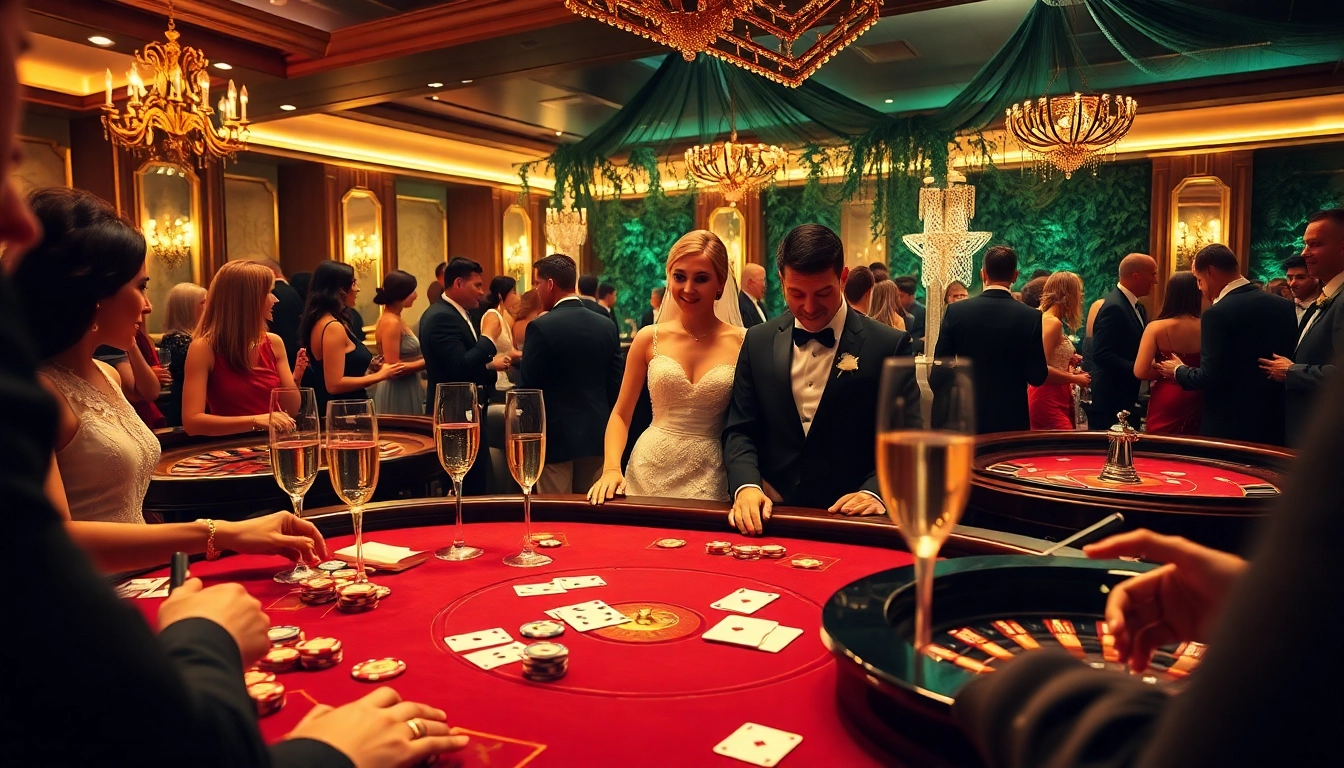 Celebrating a Hi88 wedding with luxury casino games, poker chips, and festive ambiance.