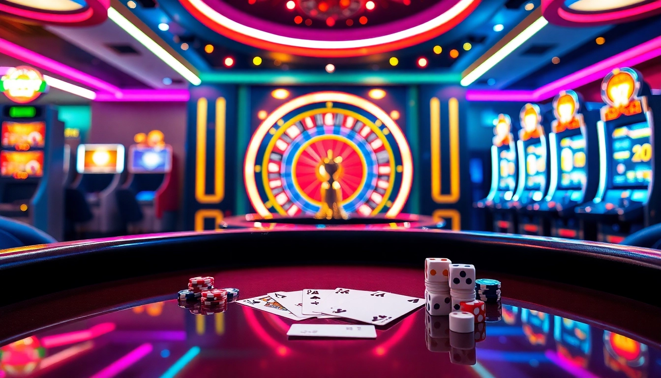 Experience thrilling gameplay at 98win trang chu with vibrant casino elements like poker chips and slot machines.
