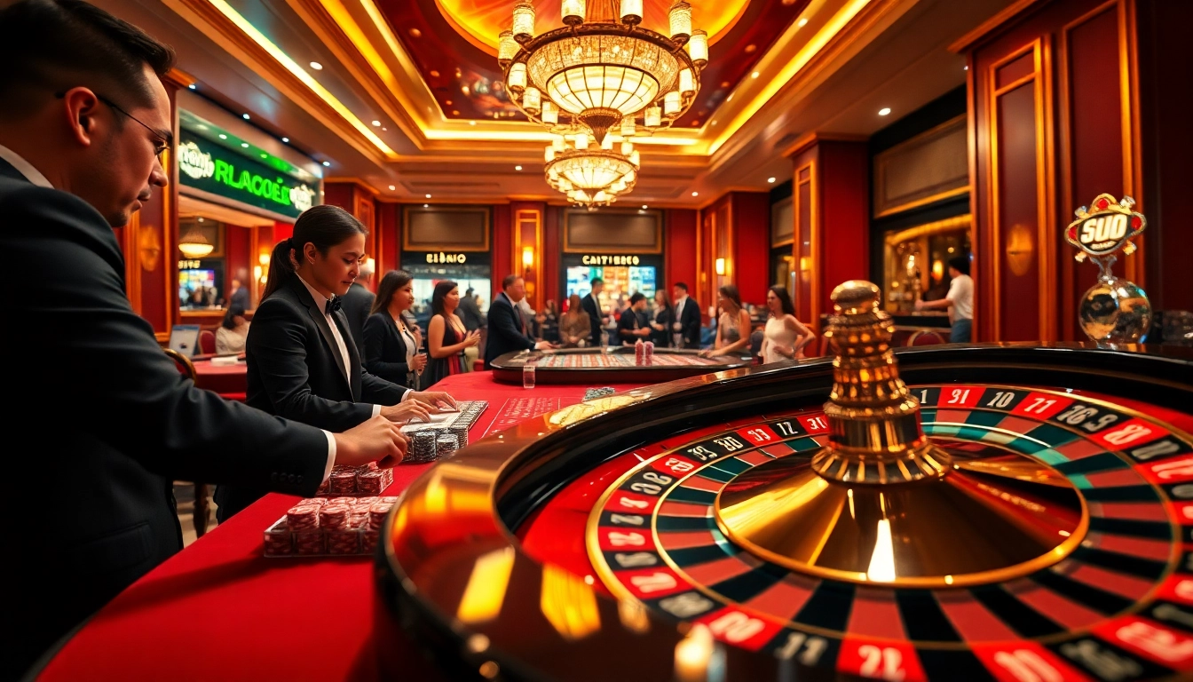 Experience the thrill at trang chủ go8 with players engaged at a roulette table in a vibrant casino.