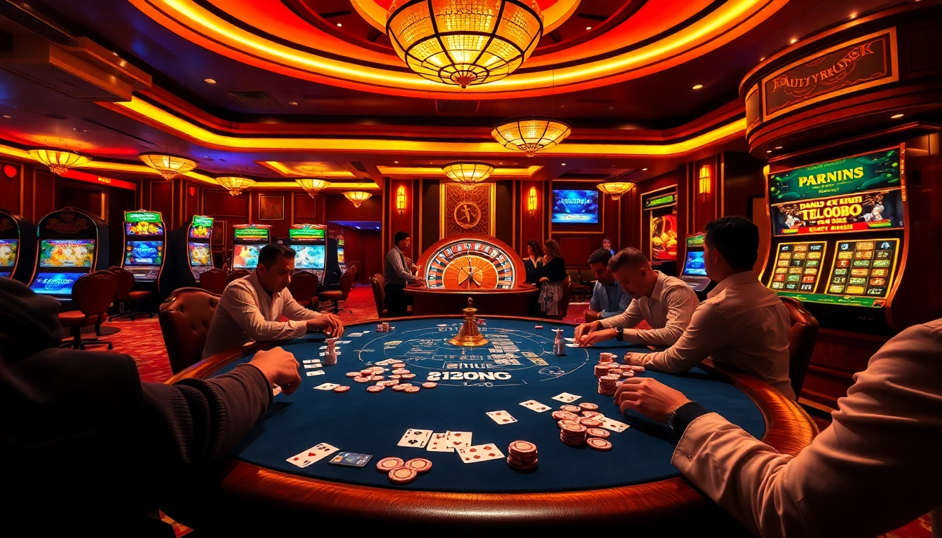 Experience the thrill of gambling with an elegant casino scene highlighting "dang ky kuwin tang 299k" promotions and vibrant poker action.