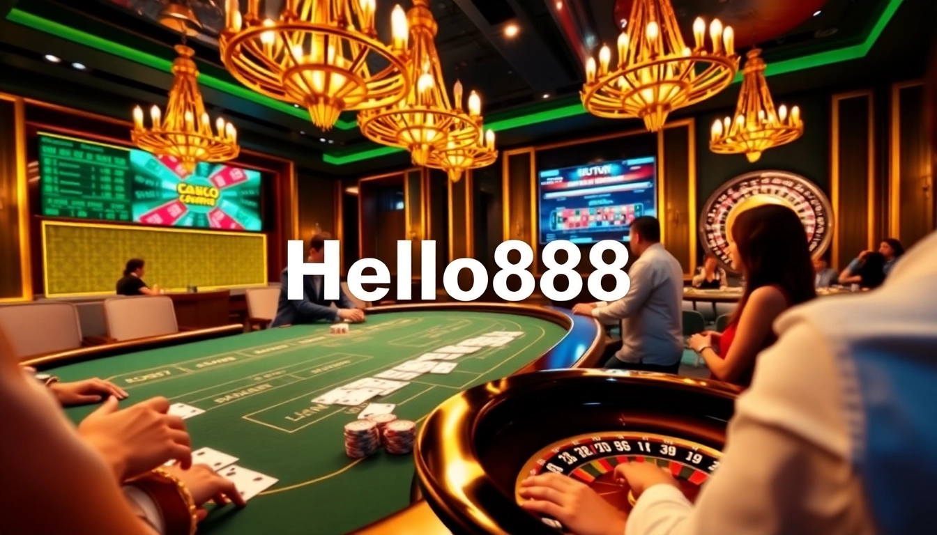 Players enjoying a high-stakes game at Hello88 casino, featuring vibrant tables and luxury ambiance.