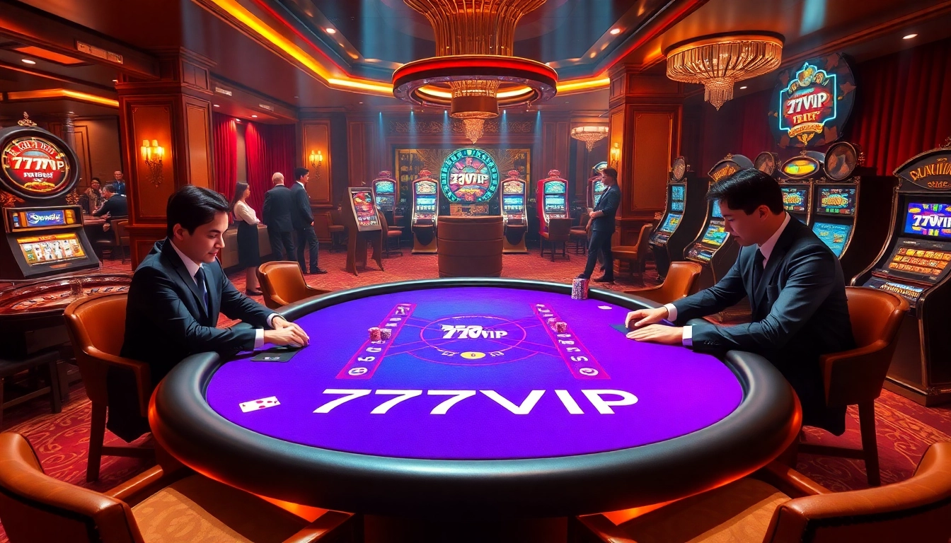 Engage in an exciting poker game at a luxurious 777VIP casino with vibrant chips and cards.