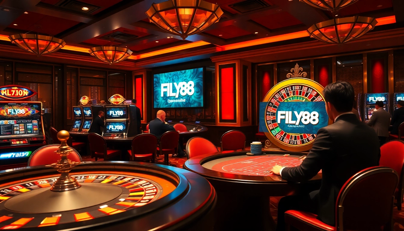 Action-packed gaming at nhà cái FLY88 casino with players and gaming tables.