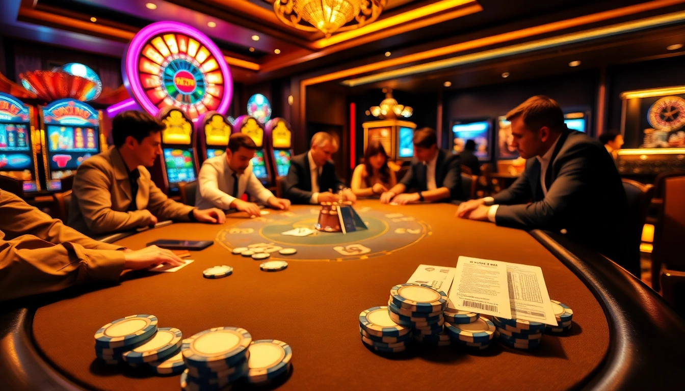 Players enjoy a high-stakes poker game at TK88 casino, showcasing chips and excitement.