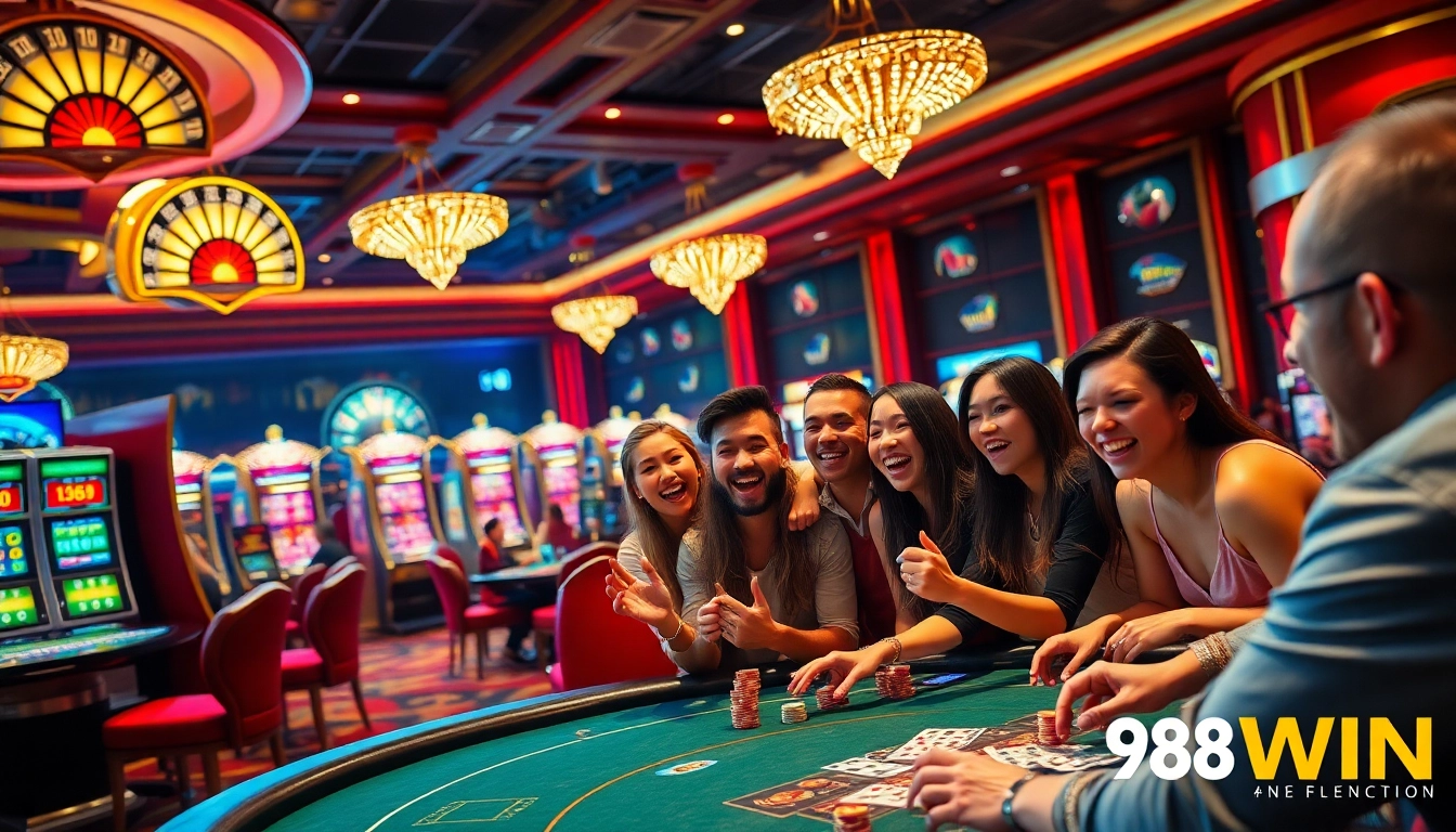 Experience thrilling gameplay and luxury at 98WIN's casino with energetic players and vibrant gaming elements.