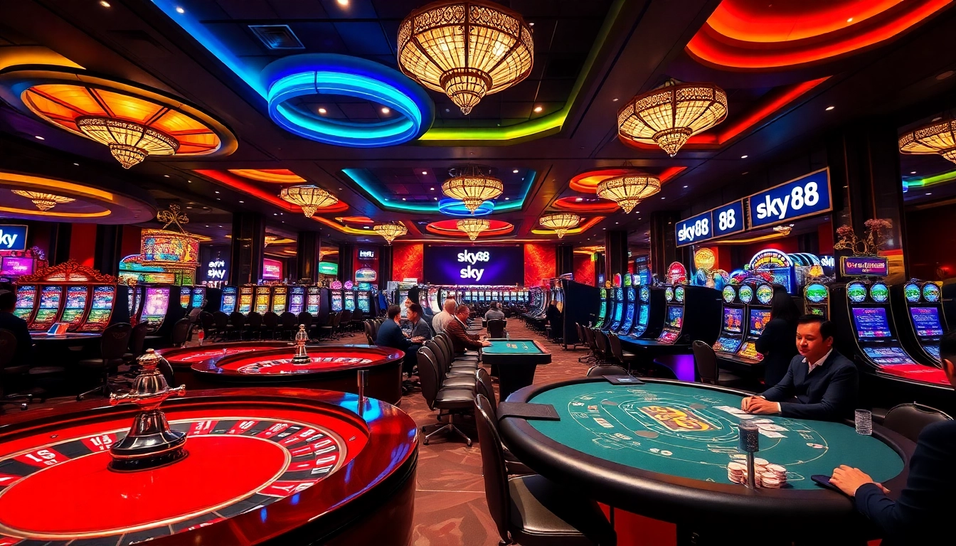 Sky88 casino scene with players engaging at vibrant poker tables and illuminated slot machines.