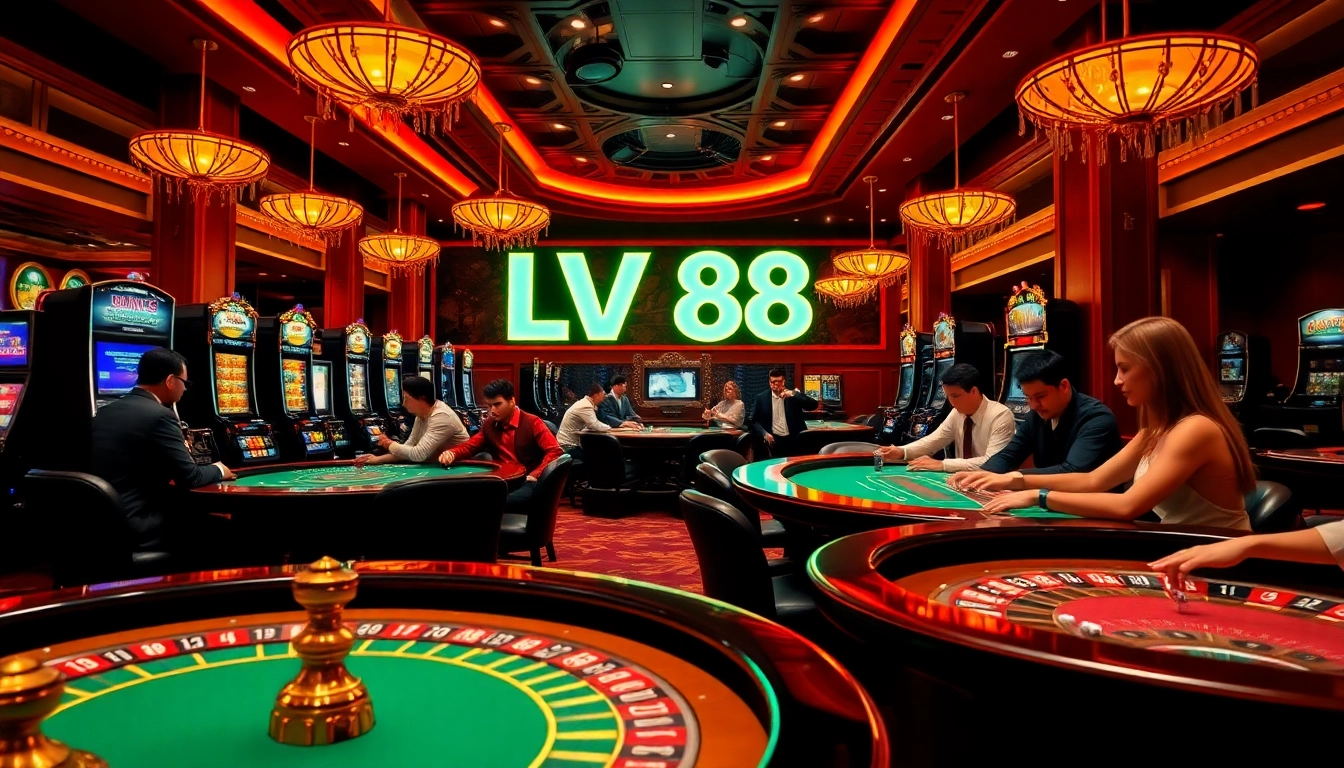 Players enjoying a thrilling game at LV88 casino tables, showcasing excitement and luxury.