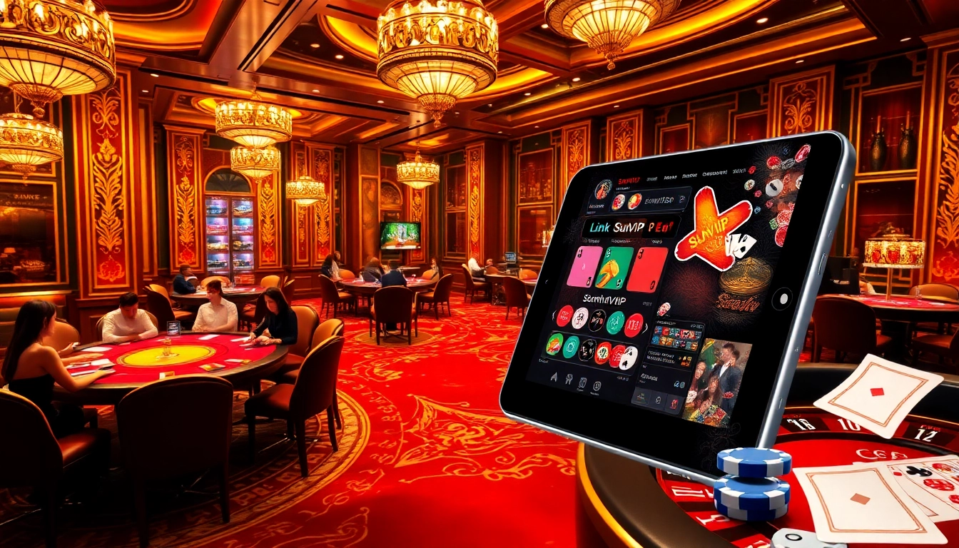 Engage with the vibrant gambling scene showcasing 'link sumvip' alongside exciting poker and roulette tables.