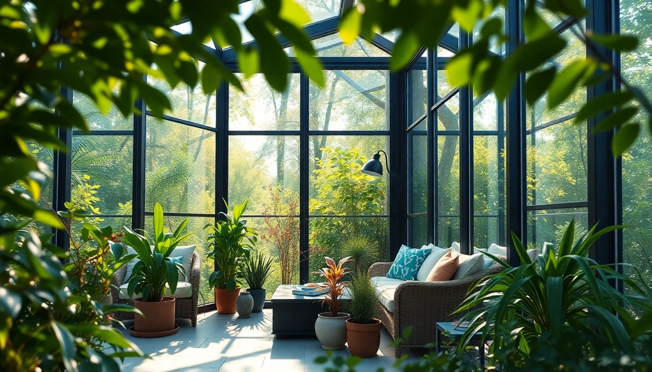 Beautiful glass sunroom showcasing lush greenery and inviting interior design details.