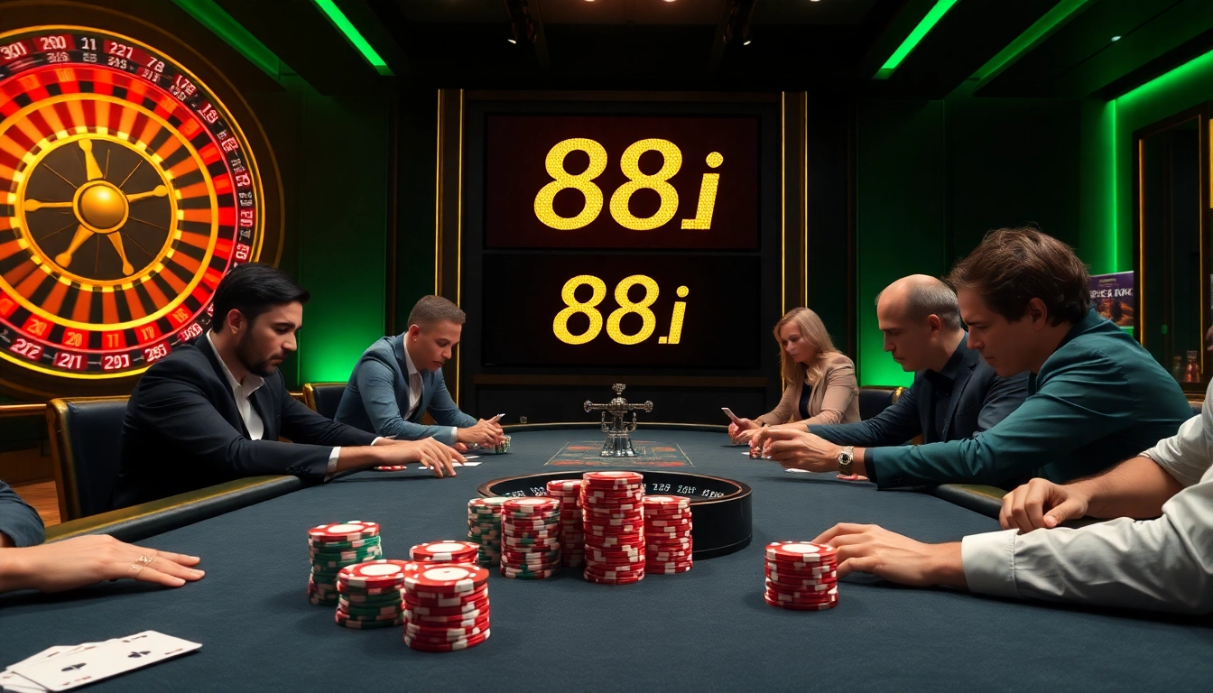 A high-stakes poker game showcasing intense players, vibrant chips, and the 88i theme, embodying excitement.