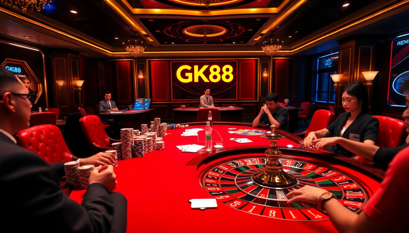 GK88 casino scene showcasing an elegant gambling table with players engaged in exciting gameplay.