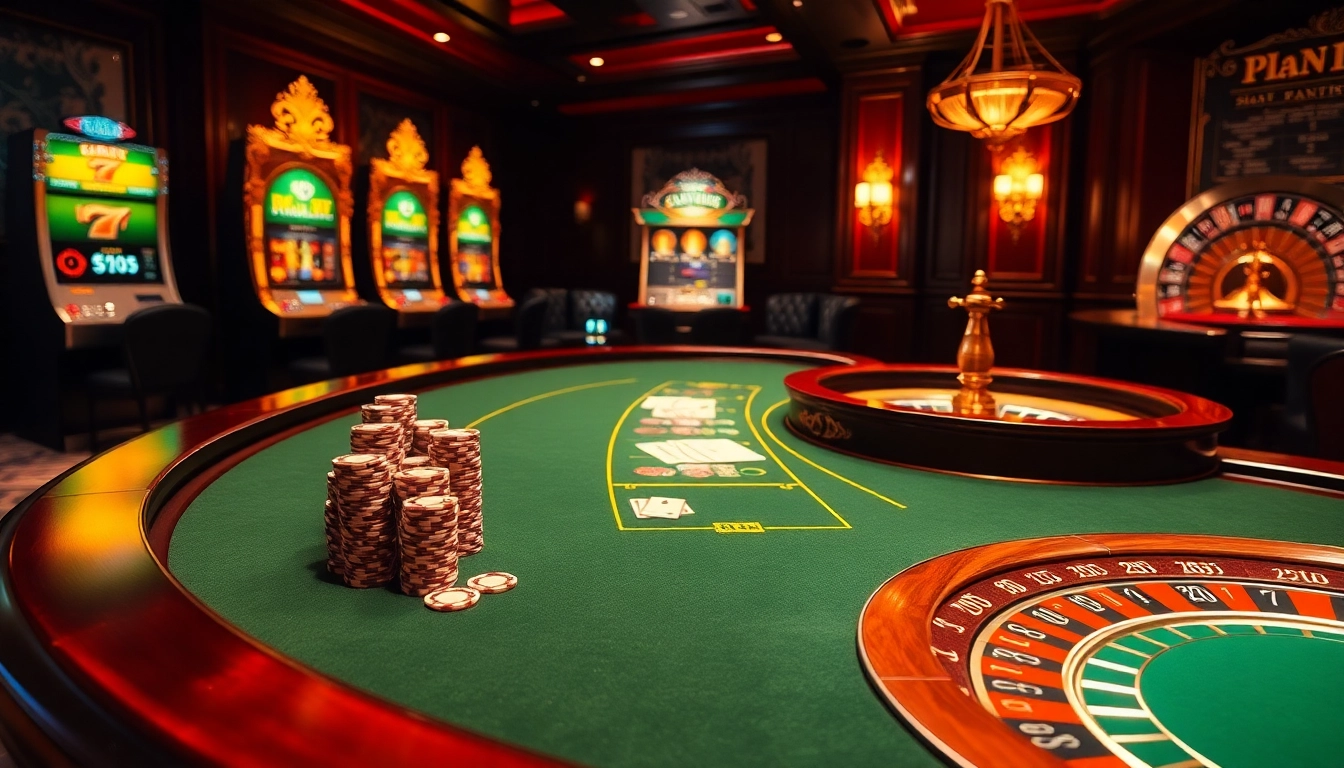 Experience thrilling gameplay at 88i's luxurious casino with vibrant poker tables and slot machines.