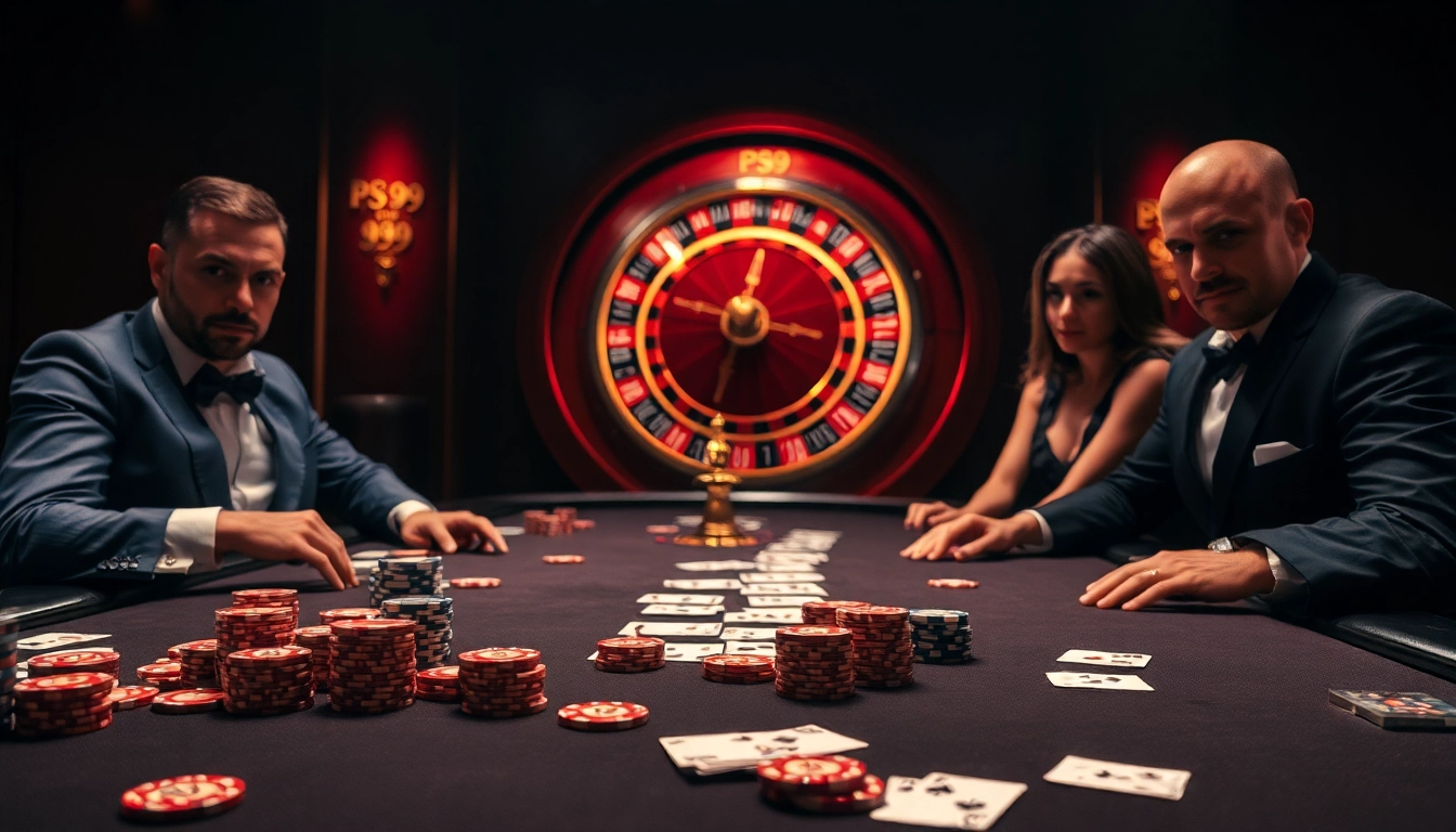 Players engaged in a high-stakes game at a poker table with chips and cards, featuring PS 99.