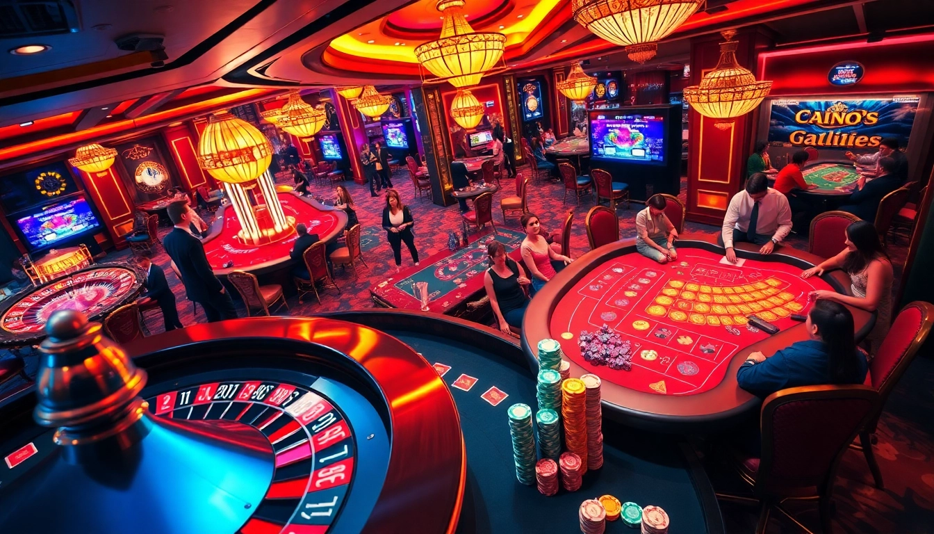 Experience the thrill of betting at https://789cluber.com/ in a vibrant casino scene with tables and chips.