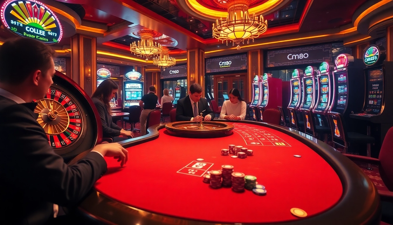 Players reveling in a vibrant cm88 online casino experience with poker tables and roulette wheel.