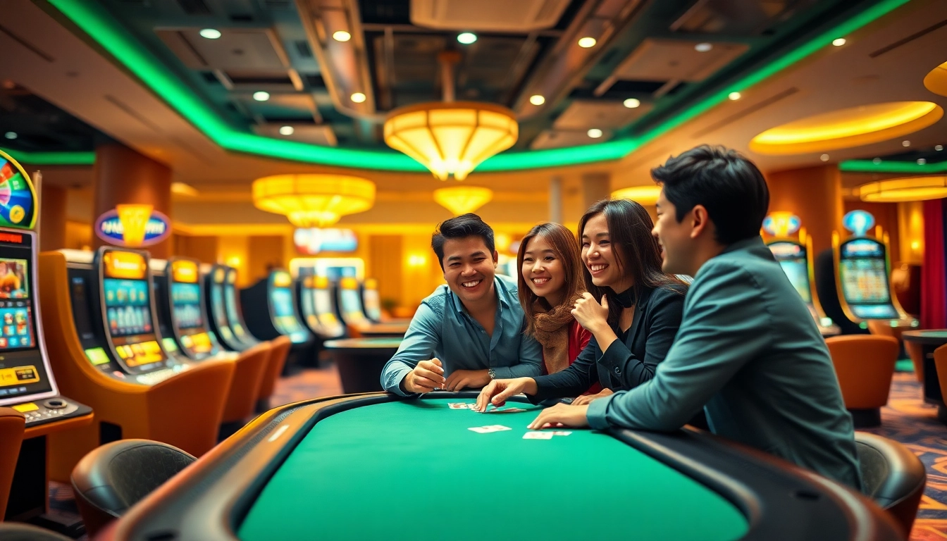 Discover the engaging gaming experience at tk88win.live with friends enjoying casino games in a modern setting.