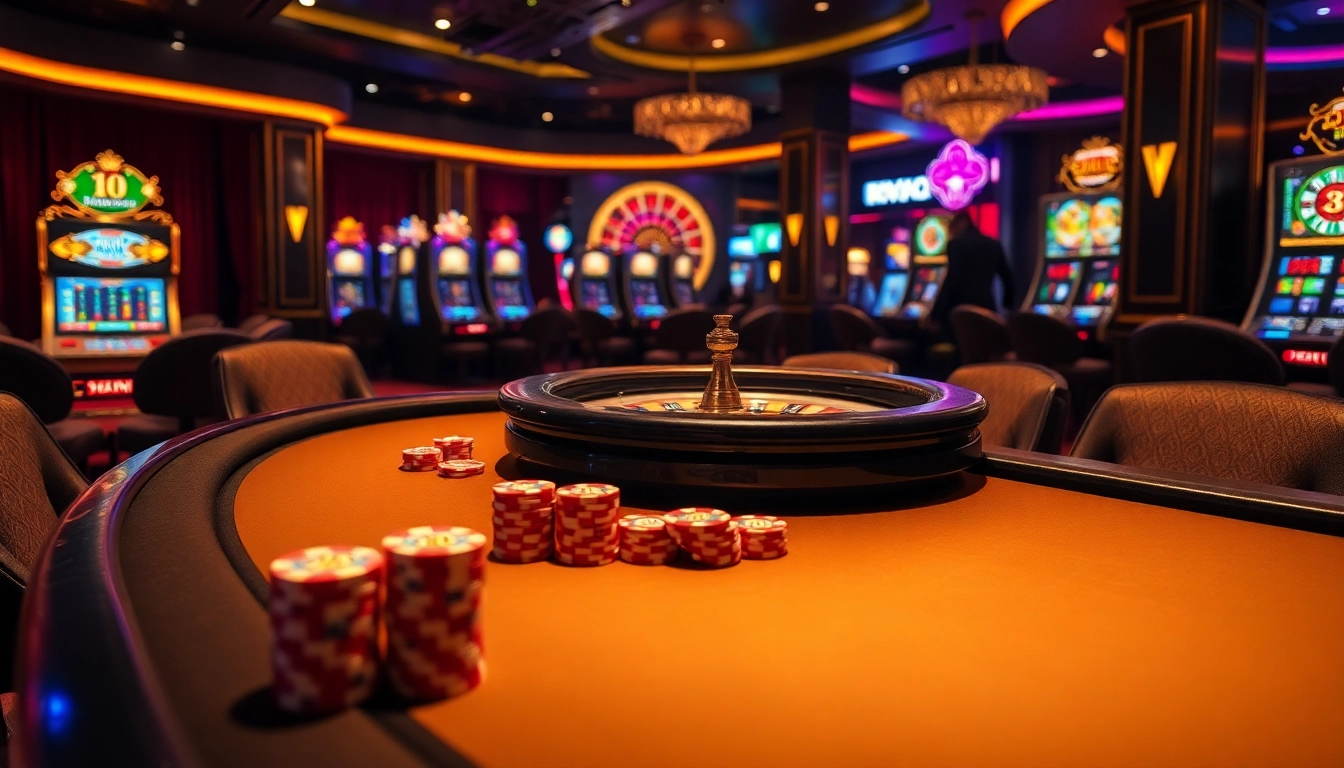 Experience high-stakes excitement at a B52 poker table surrounded by vibrant casino elements.