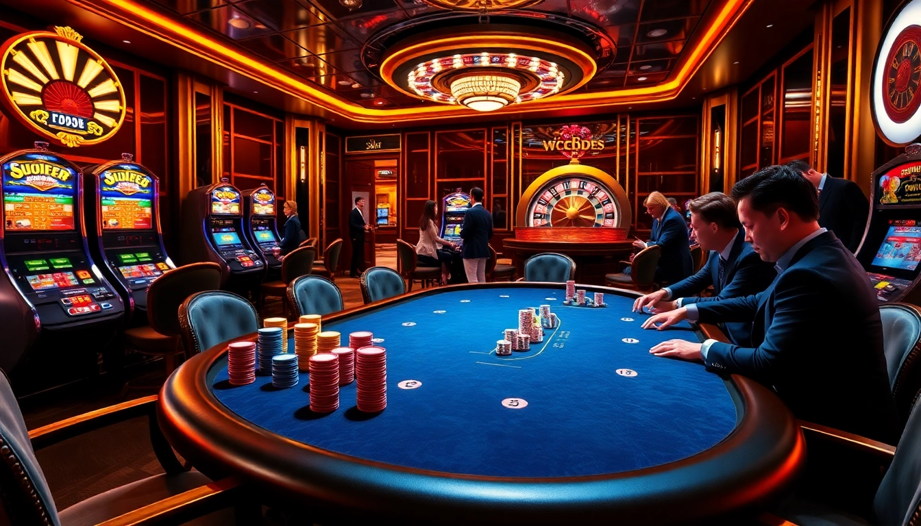 Experience the excitement of the DF999 Game with vibrant casino tables, poker chips, and thrill-seeking players.