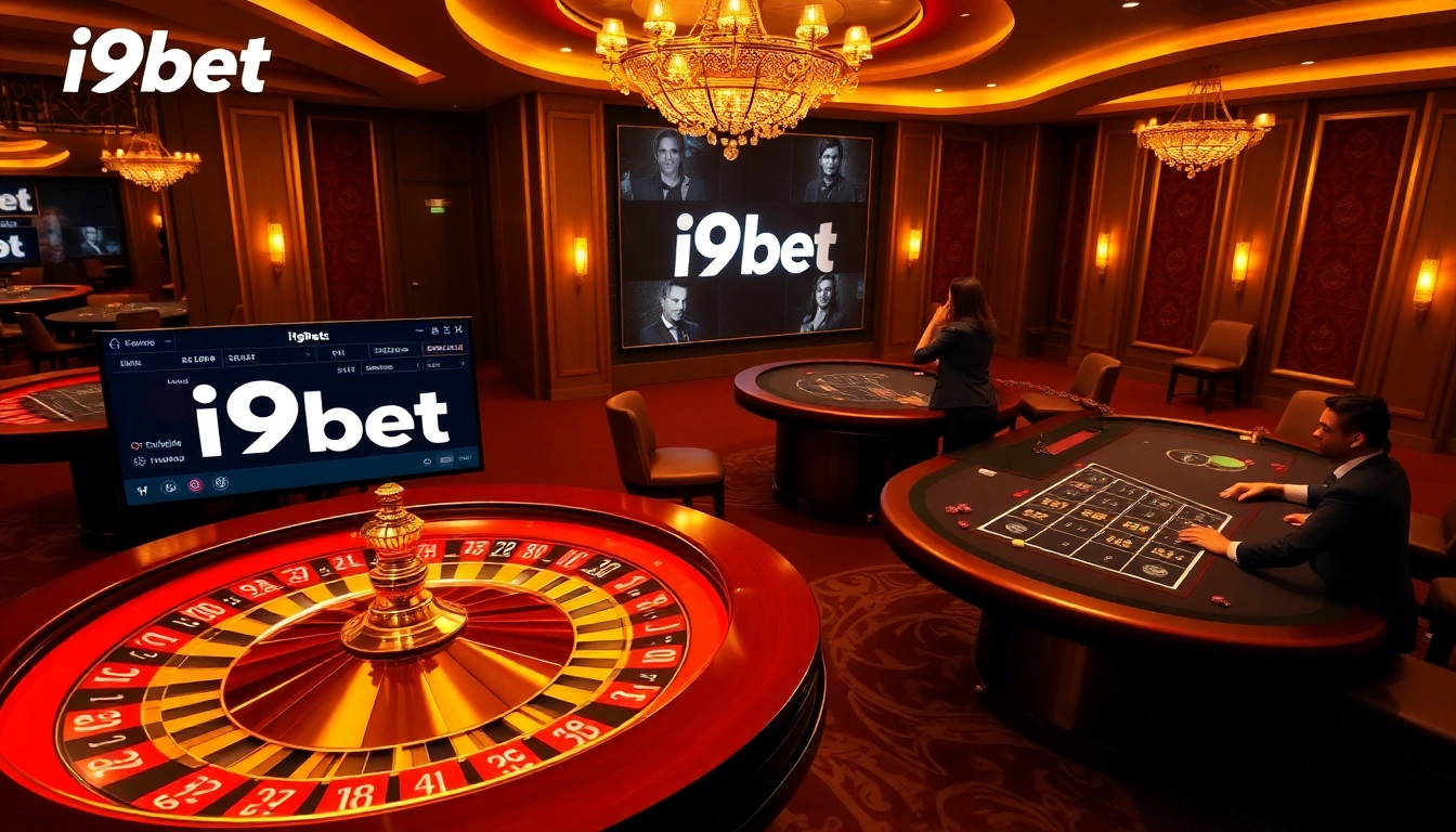 Experience excitement at i9bet with a luxurious casino scene featuring poker tables and roulette.
