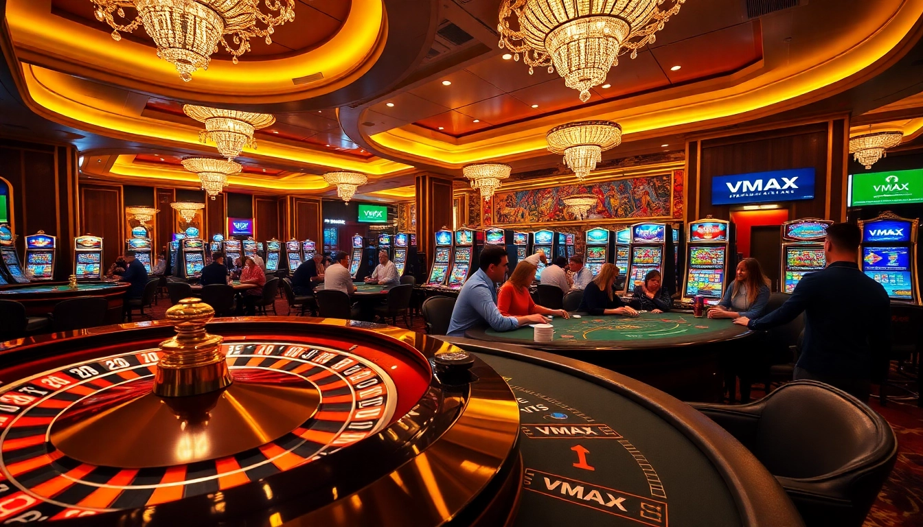 VMAX casino players enjoying high-stakes games at a roulette wheel and slot machines.