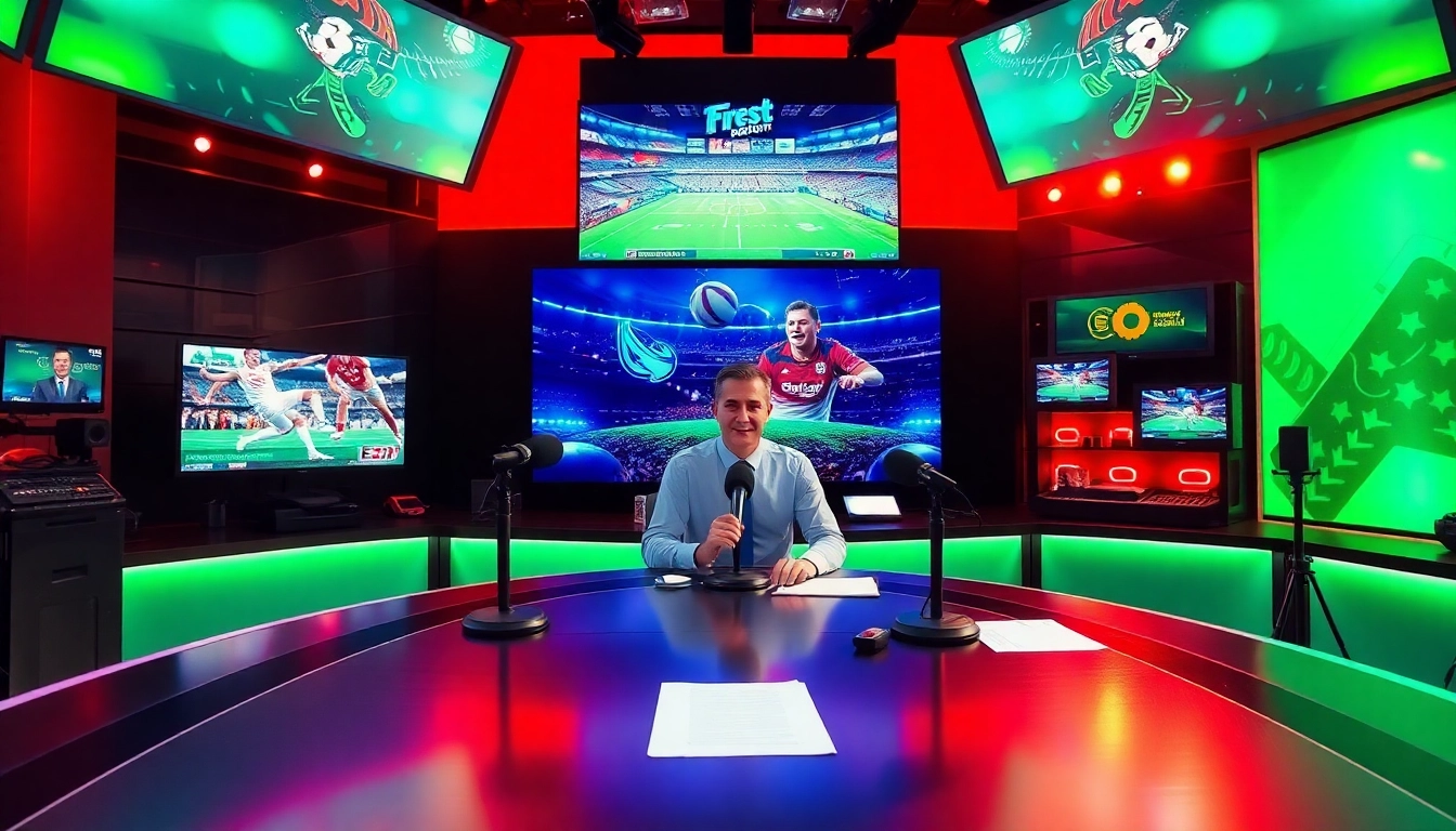 Sports Broadcasting setup showcasing dynamic studio with host and vibrant graphics.