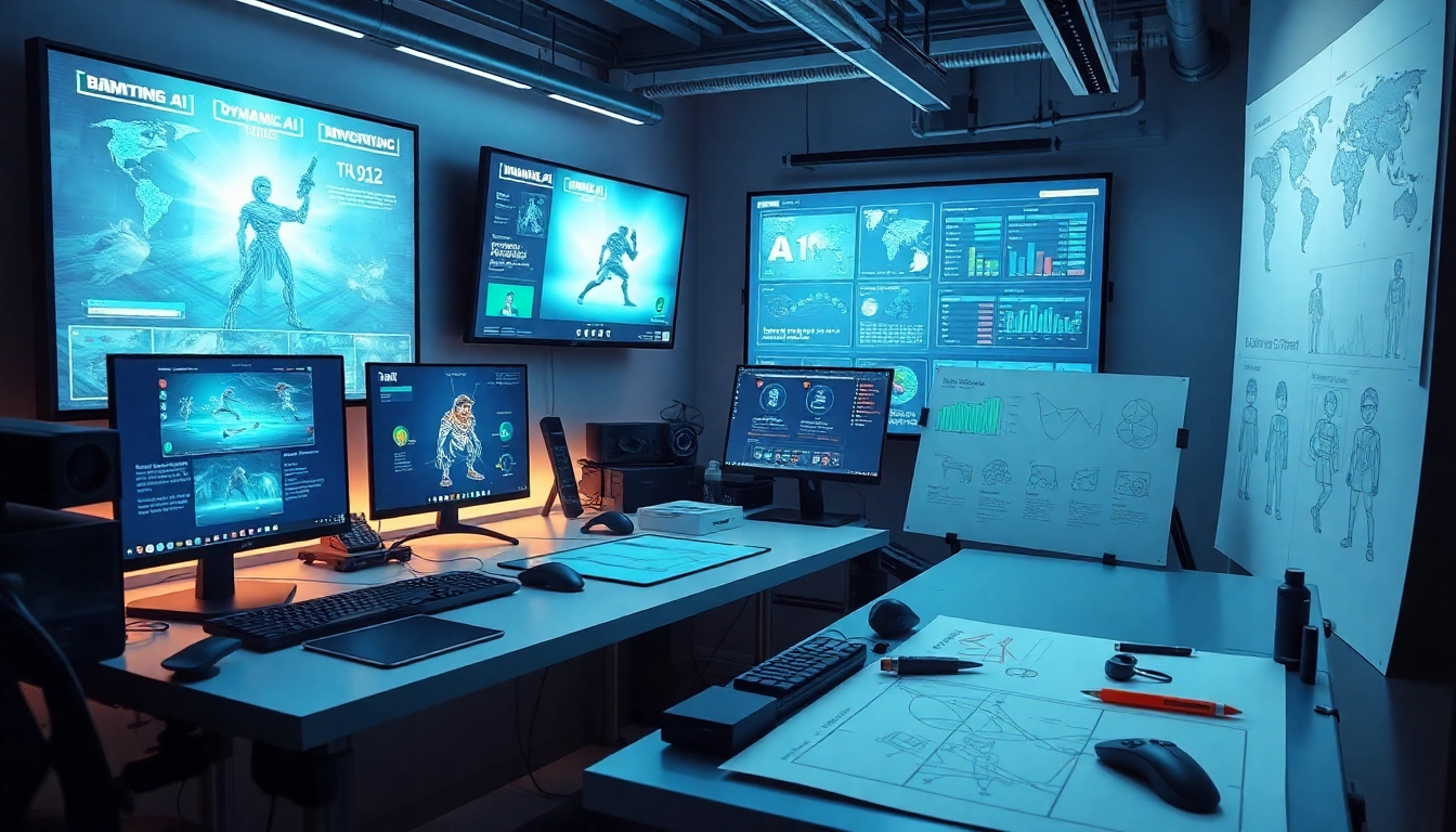 Futuristic game development studio showcasing innovative game AI technology in action.