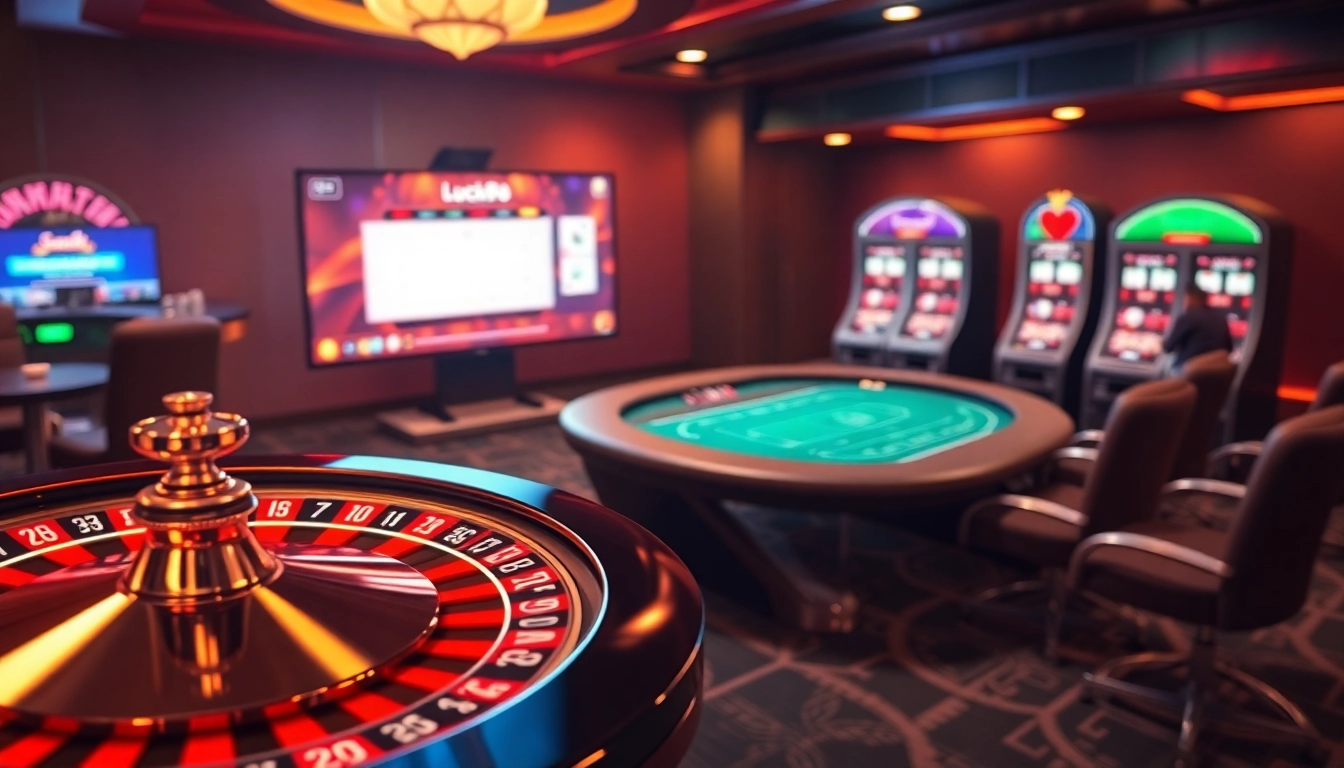 Exciting gambling scene showcasing Luck8's online casino interface with poker chips and roulette.