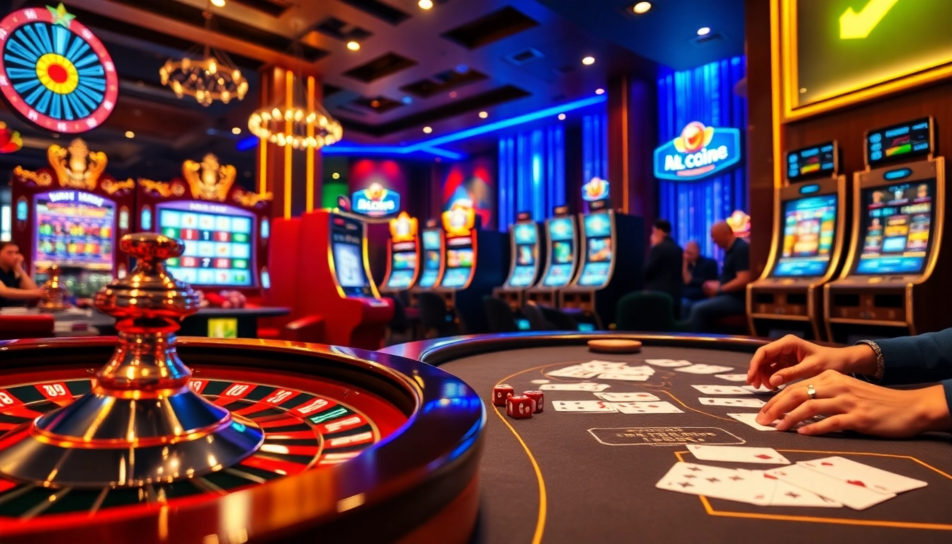 Engaging scene featuring Nhà cái LC88 with luxurious casino elements, including lively roulette wheel and poker table.