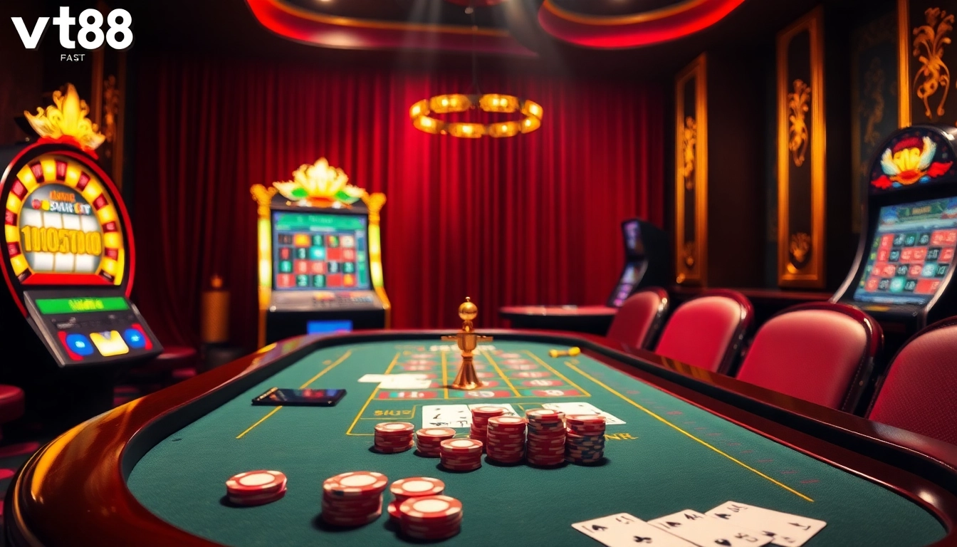 Experience the thrill of vt88 with vibrant poker chips and a roulette wheel in an elegant casino scene.