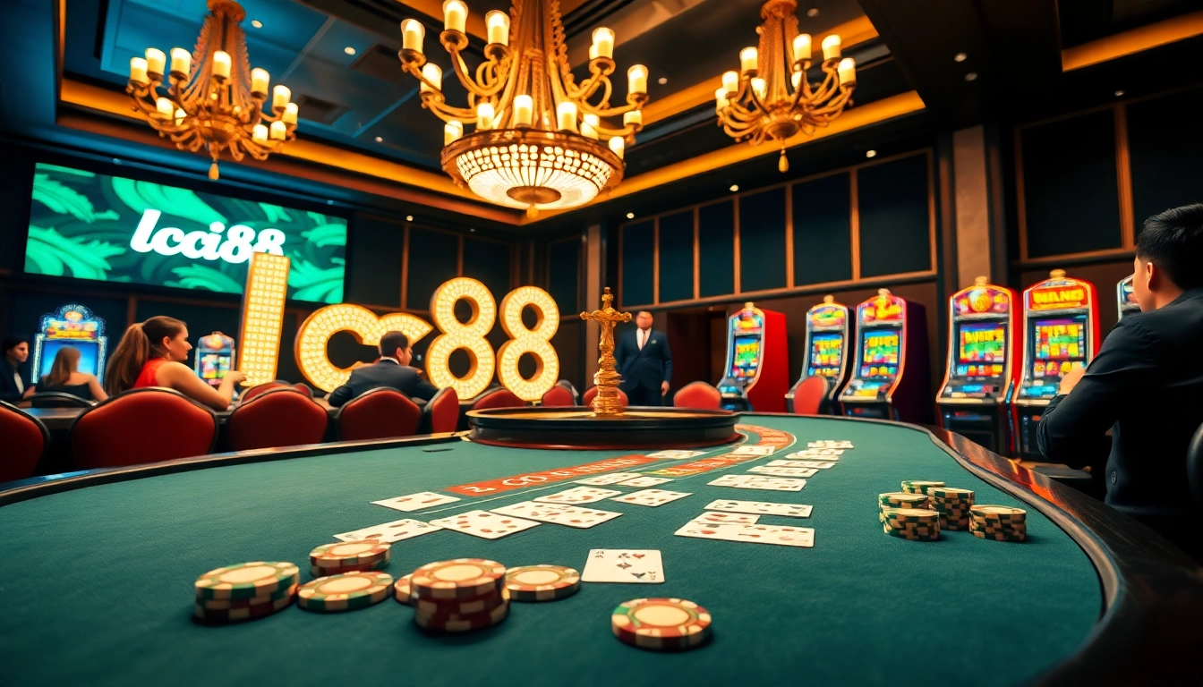 Experience thrilling gameplay at lc88 with an engaging poker table and vibrant casino atmosphere.